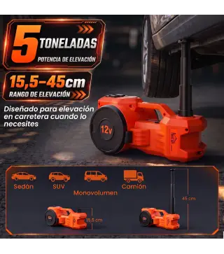 Kit de Gato Hidráulico Eléctrico 12V 5T Elevación 15,5-45 cm Bomba Aire Llave Hexagonal y Maletín Reflectante Naranja