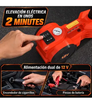Kit de Gato Hidráulico Eléctrico 12V 5T Elevación 15,5-45 cm Bomba Aire Llave Hexagonal y Maletín Reflectante Naranja