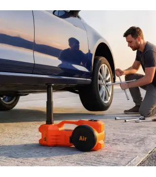 Kit de Gato Hidráulico Eléctrico 12V 5T Elevación 15,5-45 cm Bomba Aire Llave Hexagonal y Maletín Reflectante Naranja
