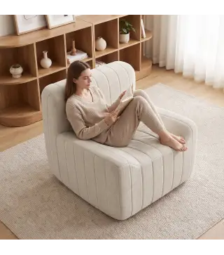 Sillón Relax Sofá Individual de Chenilla Moderna Acolchado de Espuma de Alta Densidad Diseño Comprimido Beige
