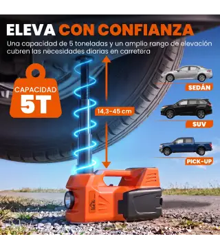 Kit de Gato Hidráulico Eléctrico 5T 12V 14,3-45 cm Luz LED Bomba Aire Llave Hexagonal Martillo Maletín Naranja