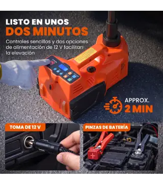 Kit de Gato Hidráulico Eléctrico 5T 12V 14,3-45 cm Luz LED Bomba Aire Llave Hexagonal Martillo Maletín Naranja