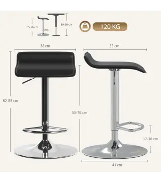 Juego de 2 Taburetes de Bar Giratorios Taburetes Altos de Cocina Altura Ajustable 62-83 cm Respaldo y Reposapiés Negro