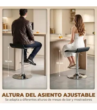 Juego de 2 Taburetes de Bar Giratorios Taburetes Altos de Cocina Altura Ajustable 62-83 cm Respaldo y Reposapiés Negro