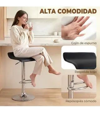 Juego de 2 Taburetes de Bar Giratorios Taburetes Altos de Cocina Altura Ajustable 62-83 cm Respaldo y Reposapiés Negro