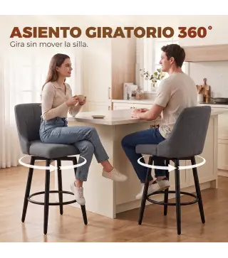 Juego de 2 Taburetes de Bar Giratorios Tapizados en Lino Respaldo y Reposapiés Marco de Acero Gris Oscuro