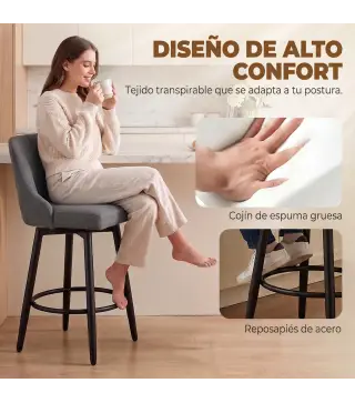 Juego de 2 Taburetes de Bar Giratorios Tapizados en Lino Respaldo y Reposapiés Marco de Acero Gris Oscuro