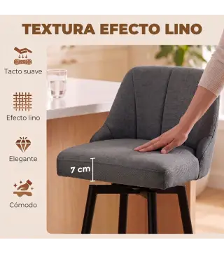 Juego de 2 Taburetes de Bar Giratorios Tapizados en Lino Respaldo y Reposapiés Marco de Acero Gris Oscuro