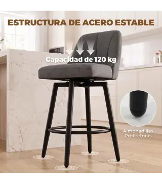 Juego de 2 Taburetes de Bar Giratorios Tapizados en Lino Respaldo y Reposapiés Marco de Acero Gris Oscuro