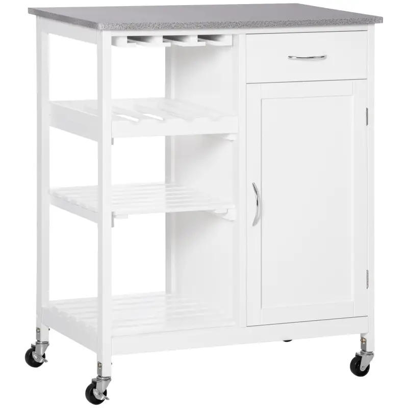 Carro de Cocina con Ruedas Carrito de Servicio con 1 Cajón Estantes Extraíbles y Botellero 76x48x88 cm Blanco