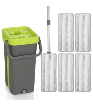 Set de Fregona Plana y Cubo con Escurridor 2 Compartimentos Cabezal 360° 5 Mopas Microfibra Uso Seco/Húmedo Gris Oscuro
