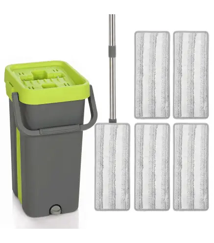 Set de Fregona Plana y Cubo con Escurridor 2 Compartimentos Cabezal 360° 5 Mopas Microfibra Uso Seco/Húmedo Gris Oscuro
