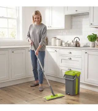 Set de Fregona Plana y Cubo con Escurridor 2 Compartimentos Cabezal 360° 5 Mopas Microfibra Uso Seco/Húmedo Gris Oscuro