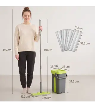 Set de Fregona Plana y Cubo con Escurridor 2 Compartimentos Cabezal 360° 5 Mopas Microfibra Uso Seco/Húmedo Gris Oscuro