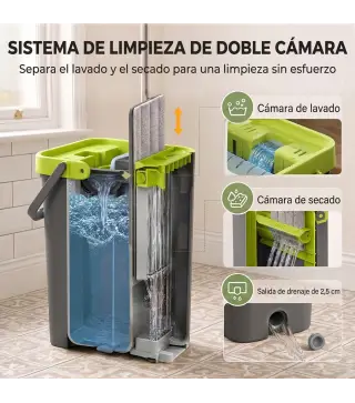 Set de Fregona Plana y Cubo con Escurridor 2 Compartimentos Cabezal 360° 5 Mopas Microfibra Uso Seco/Húmedo Gris Oscuro