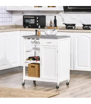 Carro de Cocina con Ruedas Carrito de Servicio con 1 Cajón Estantes Extraíbles y Botellero 76x48x88 cm Blanco
