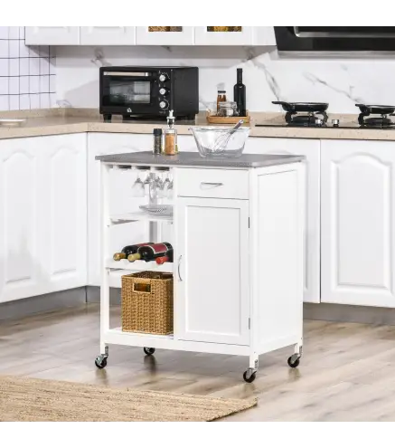 Carro de Cocina con Ruedas Carrito de Servicio con 1 Cajón Estantes Extraíbles y Botellero 76x48x88 cm Blanco