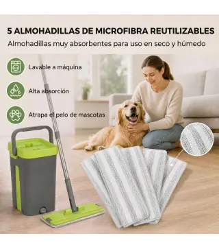 Set de Fregona Plana y Cubo con Escurridor 2 Compartimentos Cabezal 360° 5 Mopas Microfibra Uso Seco/Húmedo Gris Oscuro