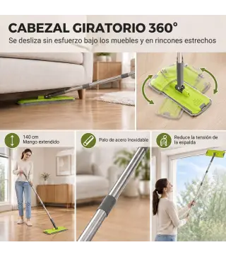Set de Fregona Plana y Cubo con Escurridor 2 Compartimentos Cabezal 360° 5 Mopas Microfibra Uso Seco/Húmedo Gris Oscuro