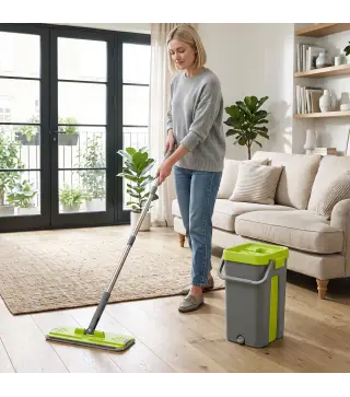 Set de Fregona Plana y Cubo con Escurridor 2 Compartimentos Cabezal 360° 5 Mopas Microfibra Uso Seco/Húmedo Gris Oscuro