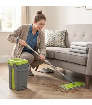 Set de Fregona Plana y Cubo con Escurridor 2 Compartimentos Cabezal 360° 5 Mopas Microfibra Uso Seco/Húmedo Gris Oscuro