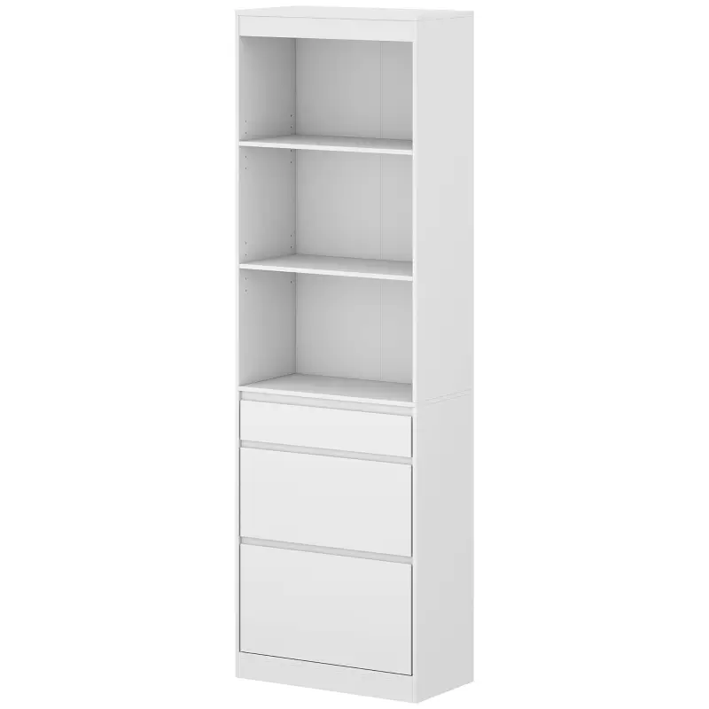 Estantería para Libros Alta y Estrecha Librería 6 Niveles con 3 Cajones 3 Compartimentos Abiertos 57x30x180 cm Blanco Estantería para Libros Alta y Estrecha Librería 6 Niveles con 3 Cajones 3 Compartimentos Abiertos 57x30x180 cm Blanco