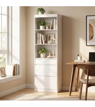 Estantería para Libros Alta y Estrecha Librería 6 Niveles con 3 Cajones 3 Compartimentos Abiertos 57x30x180 cm Blanco