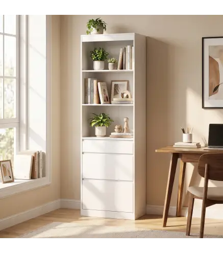Estantería para Libros Alta y Estrecha Librería 6 Niveles con 3 Cajones 3 Compartimentos Abiertos 57x30x180 cm Blanco