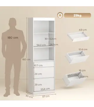 Estantería para Libros Alta y Estrecha Librería 6 Niveles con 3 Cajones 3 Compartimentos Abiertos 57x30x180 cm Blanco