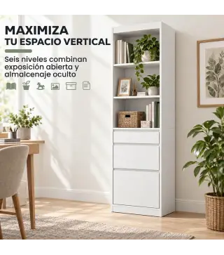 Estantería para Libros Alta y Estrecha Librería 6 Niveles con 3 Cajones 3 Compartimentos Abiertos 57x30x180 cm Blanco