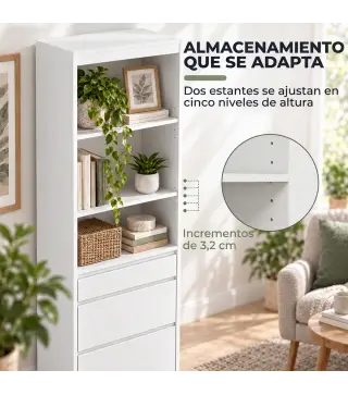 Estantería para Libros Alta y Estrecha Librería 6 Niveles con 3 Cajones 3 Compartimentos Abiertos 57x30x180 cm Blanco