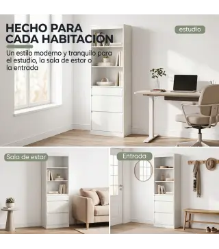 Estantería para Libros Alta y Estrecha Librería 6 Niveles con 3 Cajones 3 Compartimentos Abiertos 57x30x180 cm Blanco