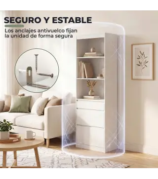 Estantería para Libros Alta y Estrecha Librería 6 Niveles con 3 Cajones 3 Compartimentos Abiertos 57x30x180 cm Blanco