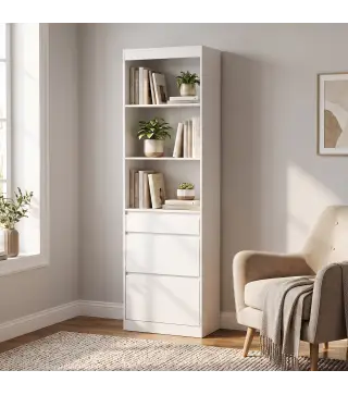 Estantería para Libros Alta y Estrecha Librería 6 Niveles con 3 Cajones 3 Compartimentos Abiertos 57x30x180 cm Blanco
