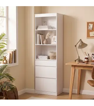 Estantería para Libros Alta y Estrecha Librería 6 Niveles con 3 Cajones 3 Compartimentos Abiertos 57x30x180 cm Blanco
