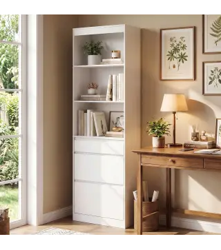 Estantería para Libros Alta y Estrecha Librería 6 Niveles con 3 Cajones 3 Compartimentos Abiertos 57x30x180 cm Blanco