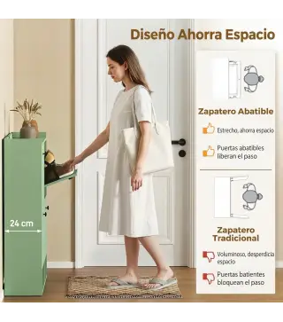 Zapatero Recibidor Entrada con 4 Cajones Abatibles y Estante Abierto Estantes Ajustables Encimera hasta 16 Pares Verde