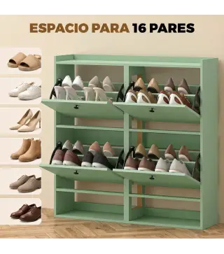 Zapatero Recibidor Entrada con 4 Cajones Abatibles y Estante Abierto Estantes Ajustables Encimera hasta 16 Pares Verde