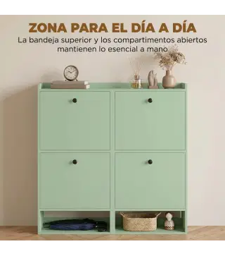Zapatero Recibidor Entrada con 4 Cajones Abatibles y Estante Abierto Estantes Ajustables Encimera hasta 16 Pares Verde