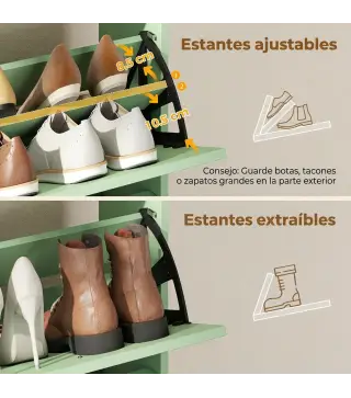 Zapatero Recibidor Entrada con 4 Cajones Abatibles y Estante Abierto Estantes Ajustables Encimera hasta 16 Pares Verde