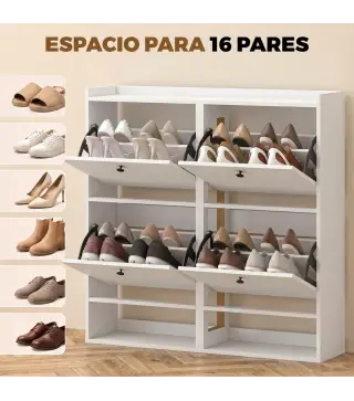 Zapatero Recibidor Entrada con 4 Cajones Abatibles y Estante Abierto Estantes Ajustables Encimera hasta 16 Pares Blanco