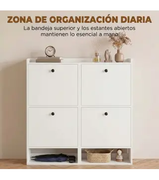 Zapatero Recibidor Entrada con 4 Cajones Abatibles y Estante Abierto Estantes Ajustables Encimera hasta 16 Pares Blanco