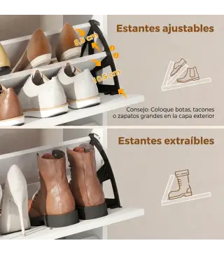 Zapatero Recibidor Entrada con 4 Cajones Abatibles y Estante Abierto Estantes Ajustables Encimera hasta 16 Pares Blanco