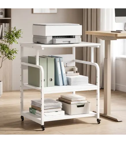 Soporte para Impresora con Ruedas 3 Niveles y Estante Ajustable 60x50x68 cmBlanco