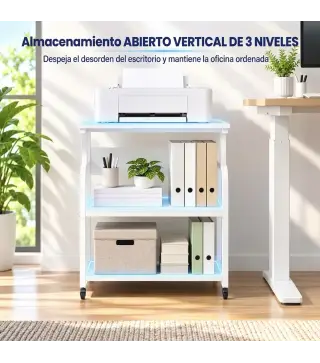 Soporte para Impresora con Ruedas 3 Niveles y Estante Ajustable 60x50x68 cmBlanco
