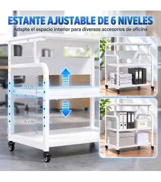 Soporte para Impresora con Ruedas 3 Niveles y Estante Ajustable 60x50x68 cmBlanco