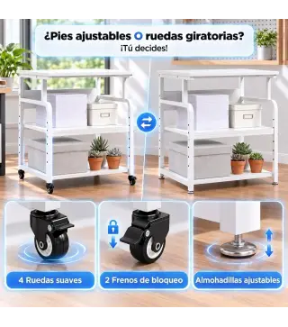 Soporte para Impresora con Ruedas 3 Niveles y Estante Ajustable 60x50x68 cmBlanco