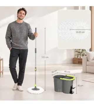 Juego de Fregona y Cubo con Escurridor 2 Compartimentos Cubo de 20 L 5 Mopas Microfibra Uso Seco y Húmedo Gris Oscuro