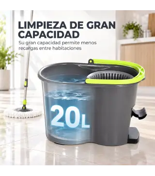 Juego de Fregona y Cubo con Escurridor 2 Compartimentos Cubo de 20 L 5 Mopas Microfibra Uso Seco y Húmedo Gris Oscuro