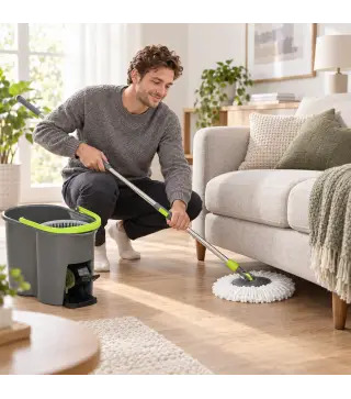 Juego de Fregona y Cubo con Escurridor 2 Compartimentos Cubo de 20 L 5 Mopas Microfibra Uso Seco y Húmedo Gris Oscuro